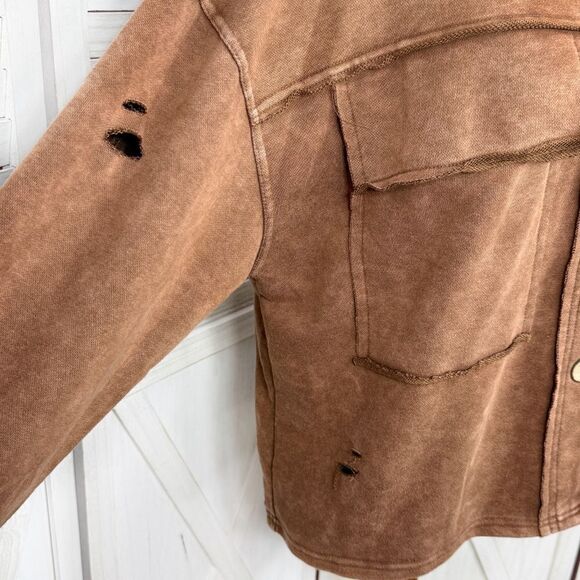 Oddy Distressed Jersey Knit Shacket Cropped Brown Medium Large - Picture 7 of 13